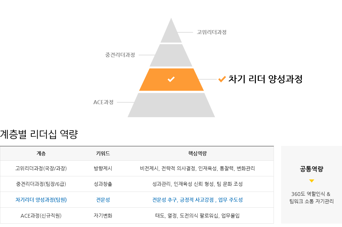 계층 차기리더 양성과정 (팀원) 키워드 전문성  핵심역량 전문성 추구, 긍정적 사고 강점 , 업무 주도성 공통역량 360도 역할인식 & 팀워크 소통 자기관리