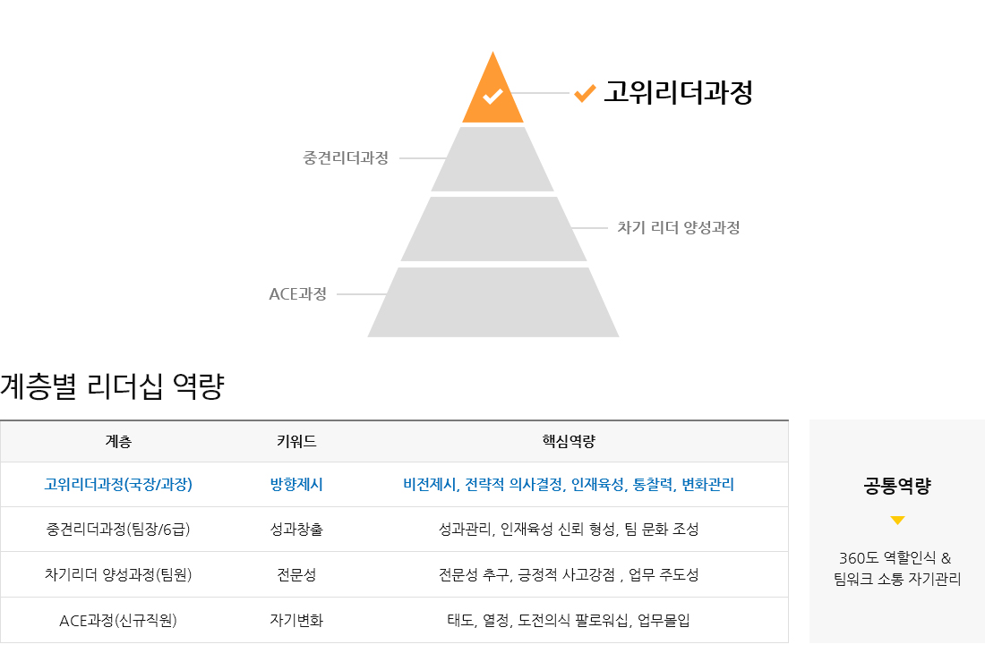 계층 고위리더과정 (국장/과장) 키워드 방향제시 핵심역량 비전제시, 전략적 의사결정 인재육성, 통찰력, 변화관리 공통역량 360도 역할인식 & 팀워크 소통 자기관리